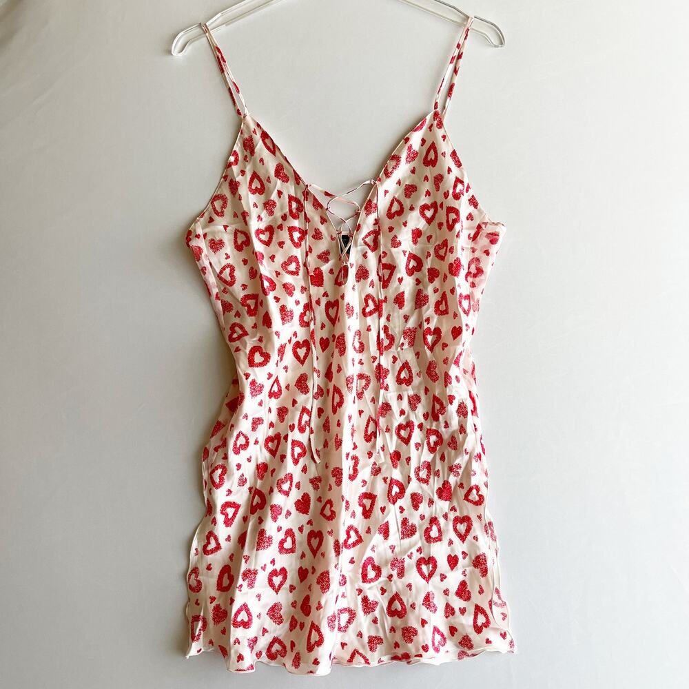 White Silk Strappy Cami w/ Red Hearts XL Coquette Valentine Girlie Feminine